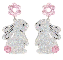 Hanging Rabbit With Pink Flower Earrings