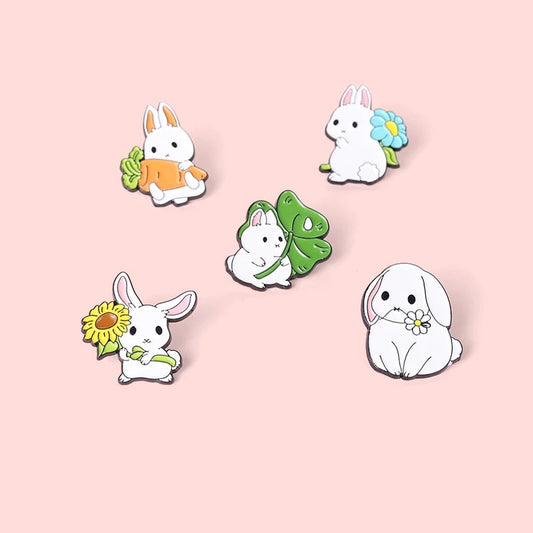 White Bunny Enamel Pin - Blue Daisy