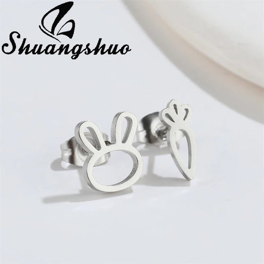 Rabbit & Carrot Outline Stud Earrings