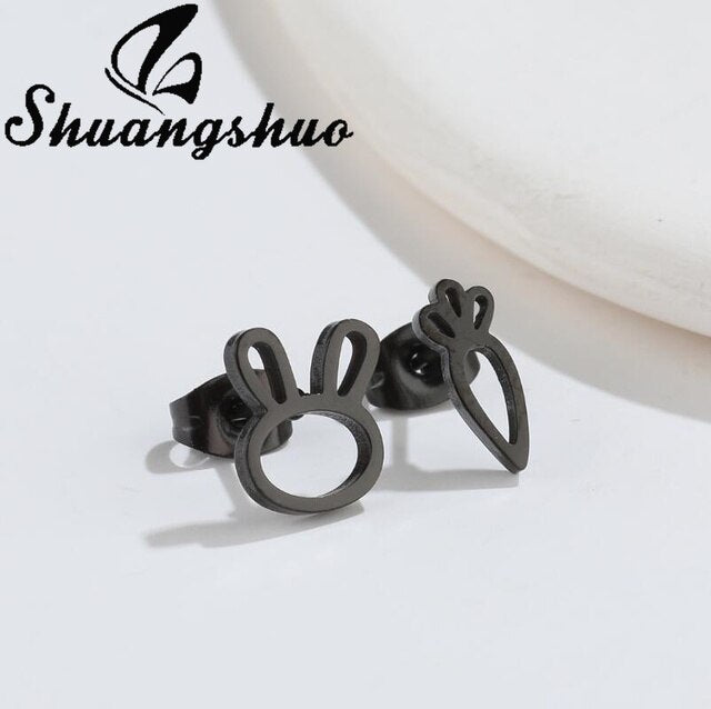 Rabbit & Carrot Outline Stud Earrings