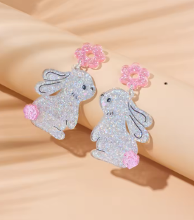 Hanging Rabbit With Pink Flower Earrings