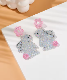 Hanging Rabbit With Pink Flower Earrings