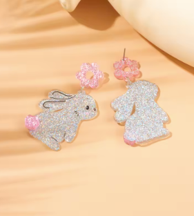 Hanging Rabbit With Pink Flower Earrings