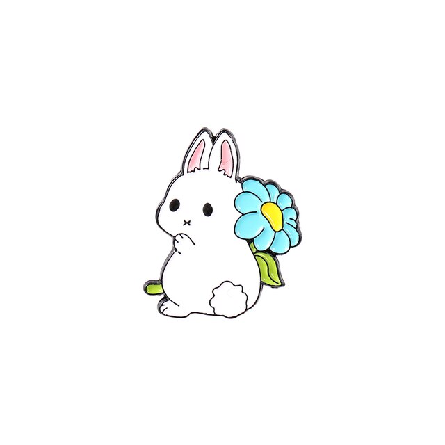 White Bunny Enamel Pin - Blue Daisy