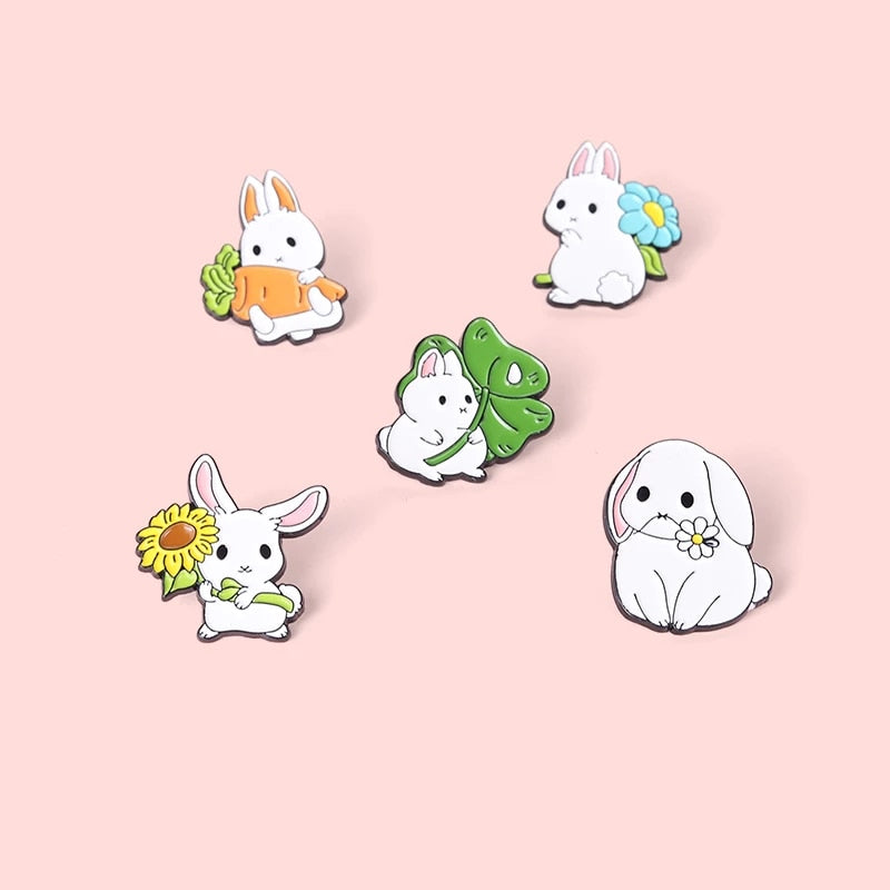White Bunny Enamel Pin - Blue Daisy